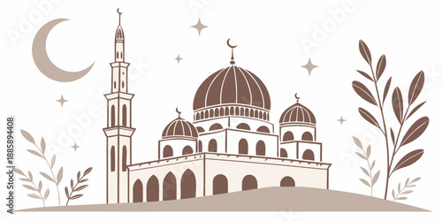 Minimalist illustration of a mosque with crescent moon and stars, perfect for islamic holidays