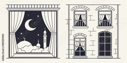 A peaceful ramadan night view from a window beside a classic building facade