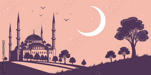 Serene islamic night scene with a grand mosque, crescent moon, and silhouetted trees