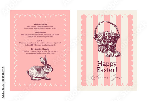 Happy Easter hand drawn holiday greeting card set. Elegant vintage design. Vector sketch illustration.