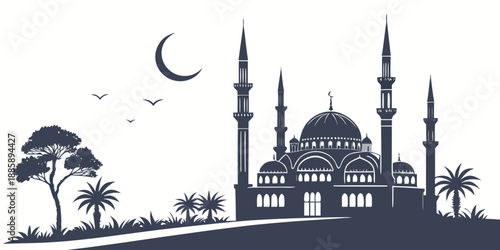 Elegant silhouette of a grand mosque under a crescent moon with palm trees and flying birds