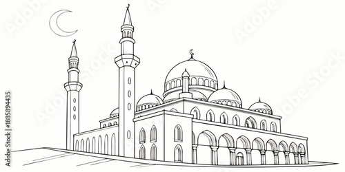 Beautiful architectural sketch of a grand mosque with minarets and domes under a crescent moon