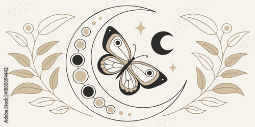 Mystical butterfly on a crescent moon with celestial elements and botanical accents