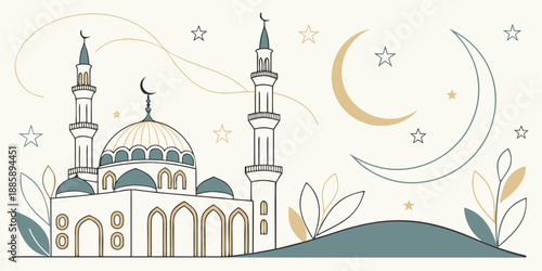 A serene illustration of a mosque with crescent moons and stars for islamic celebrations