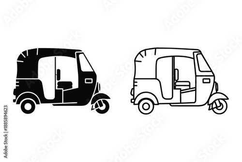 tuktuk vehicle silhouette and outline on white background