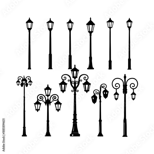 Collection of various vintage street lamp post designs in silhouette