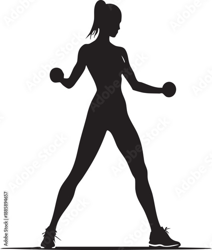 Silhouette of a fit woman exercising with dumbbells in a strong athletic stance