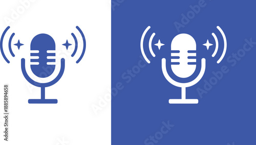 White microphone with sound waves and stars on white and blue backgrounds
