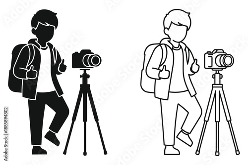 Two cartoon photographers with backpacks and cameras on tripods giving thumbs up