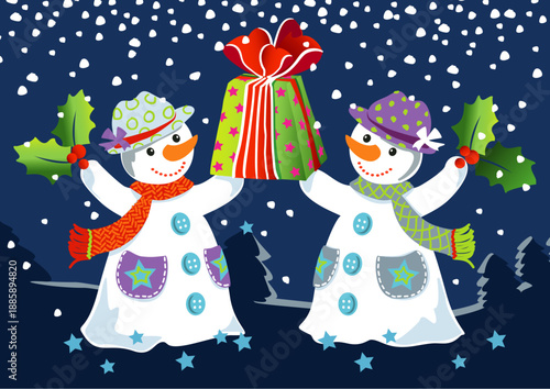 Bonhommes de neige avec houx et cadeaux s-sous la neige dans la nuit