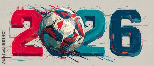 Creative flat vector design featuring the number 2026 and a soccer ball in bright colors on a neutral background