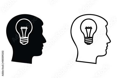 Two human head silhouettes with light bulb ideas  concept of inspiration and innovation