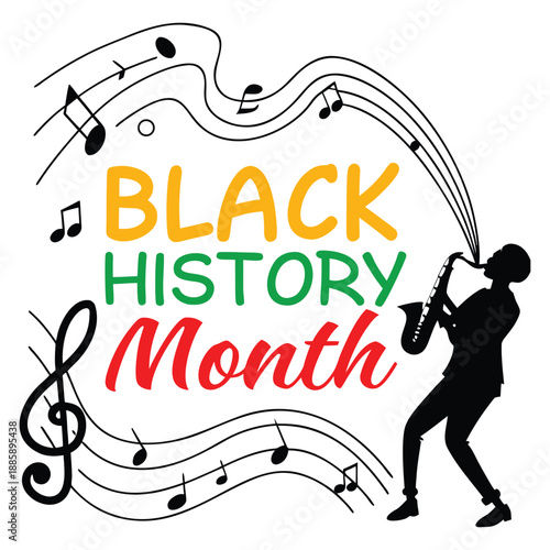 Black History Month Jazz Music Celebration Vector Illustration, African American Saxophone Player Silhouette