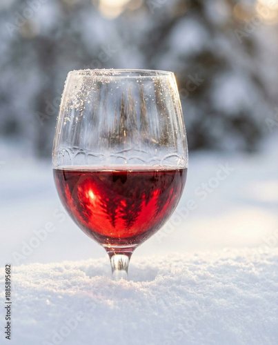 Red wine or glögg glass standing in snow with snowy winter forest background in sunset light