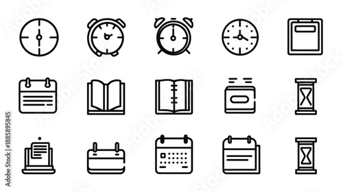 Time and Calendar Outline Icons Set: Vector Line Art for Schedule, Clock, Deadline, and Planning Management