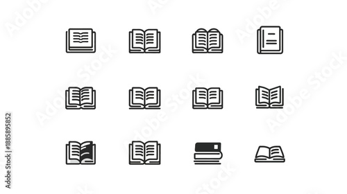 Modern vector book icons collection. Flat design symbols for education, reading, library, learning, and knowledge resources.