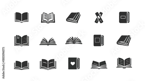 Minimalist black and white book icons set. Vector collection of open and closed books, reading, library, education, literature graphic symbols.