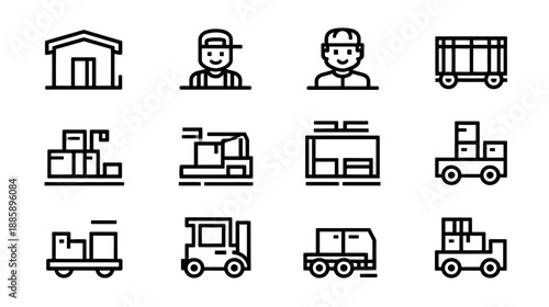 Logistics and supply chain management line icons. Warehouse, delivery, transport, and shipping vector symbols for business services.