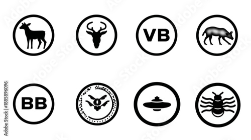 Black and white circular icons set featuring animal silhouettes (deer, boar, insect), initials, and abstract UFO symbols, vector graphics.
