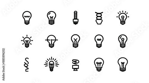 Set of diverse light bulb icons. Collection of vector outline symbols for electricity, ideas, innovation, and energy solutions.