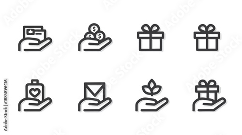 Hand giving and receiving line icons set. Concepts of donation, payment, gift, care, communication, and growth. Outline vector illustration.