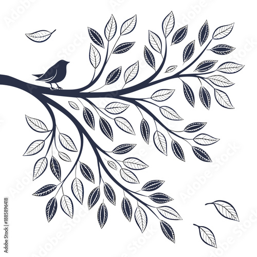 Bird on a branch with leaves