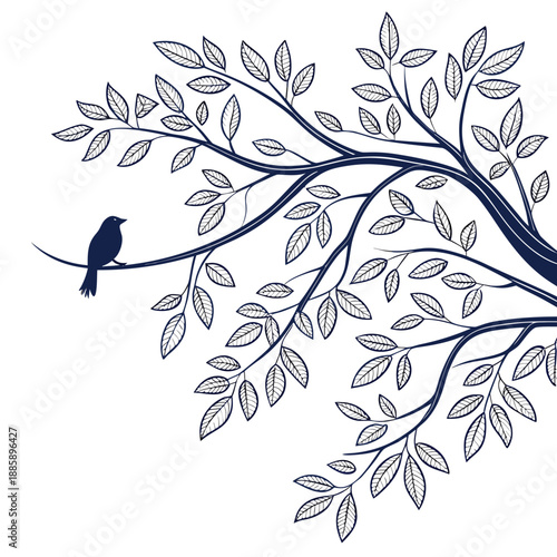 Bird perched on branch with leaves