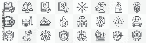 Insurance icon collection set. Containing policy, social security, approved, travel care, liabilities, savings, financial, health icon. Simple outline vector