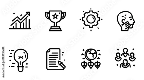 Business Management and Development Line Icons: Growth, Success, Ideas, Analytics, Teamwork, Global Strategy, Innovation, Planning