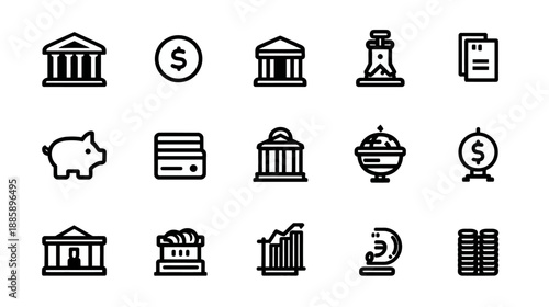 Finance and Banking Outline Icons Set. Money, business, investment, economy, and financial services vector symbols collection.