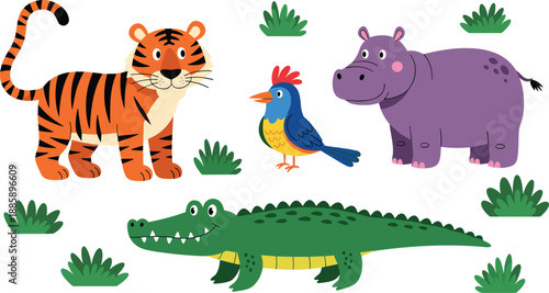 Cute cartoon safari animals set featuring a striped tiger purple hippopotamus green crocodile and colorful bird isolated on white background for kids
