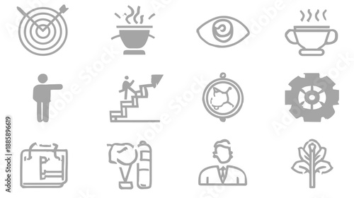 Modern Outline Icon Set: Business Strategy, Career Growth, Technology, Food, and Environment Concepts in Grey Monochrome
