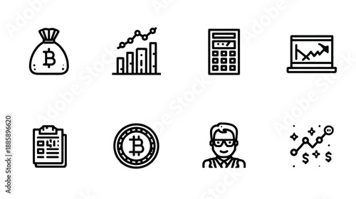 Outline Icons Set for Cryptocurrency and Finance: Digital Currency, Market Growth, Investment, Business Analytics, Trader