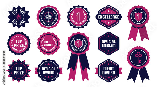 Excellence award badges and ribbons vector illustration set