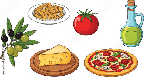 Set of cute cartoon Italian food ingredients with pizza pasta wedge of cheese fresh tomato olives and olive oil on white background