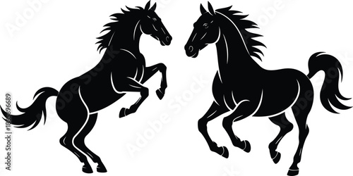 Two powerful rearing horse silhouettes in black and white, dynamic stallion poses, elegant equine logo, vector illustration artwork