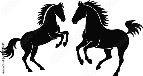 Two rearing horse silhouettes in black and white, powerful stallions facing each other, elegant equine logo, vector illustration design
