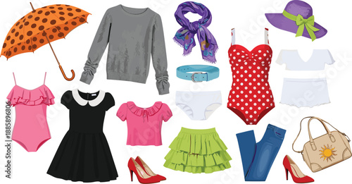 Collection of Women's Fashion Apparel and Accessories Including Summer Swimwear Winter Sweater Casual Dresses Skirt Shoes Handbag and Polka Dot Umbrella