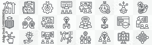 Workshop icon collection set. Containing challenge, strategy, briefing, goals, productivity, skill building, education, mentoring icon. Simple outline vector