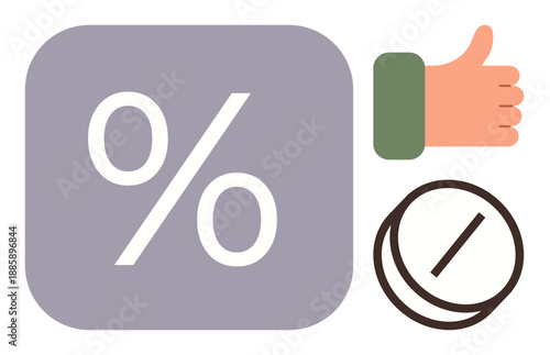 Financial services, discount offers, approval reviews, percentage calculations, restrictions, promotional concepts. Percentage symbol, thumbs up prohibited sign. Financial services and discount