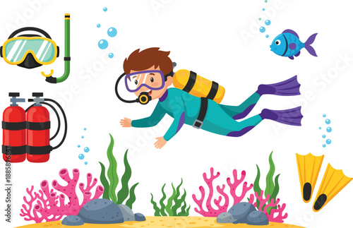 Cute Cartoon Scuba Diver Boy Swimming Underwater With Coral Reef Fish Oxygen Tanks Mask Snorkel And Fins Set Isolated On White