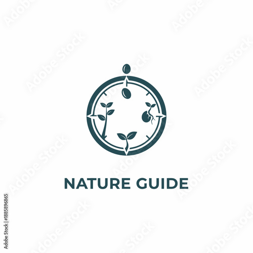 Compass frame with growing plant sprouts and seeds icon for environmental education or botanical tour branding representing Nature Guide.