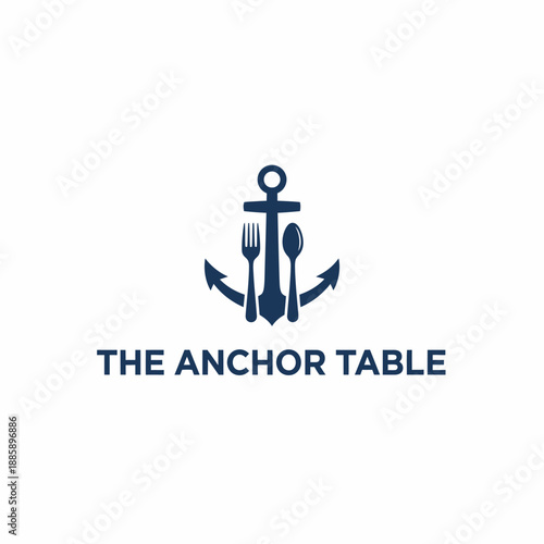 Navy blue anchor icon with fork and spoon for maritime restaurant or coastal dining branding, featuring the text "THE ANCHOR TABLE"