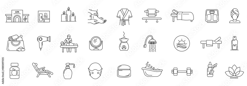 Fototapeta premium Beauty and wellness line icon set. Vector pictograms of skincare, spa, fitness and relaxation concepts in Thin linear illustration style