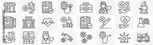 Medical icon collection set. Containing pharmacy, medicine, prescription, blood transfusion, medical kit, doctor, treatment, microscope icon. Simple outline vector