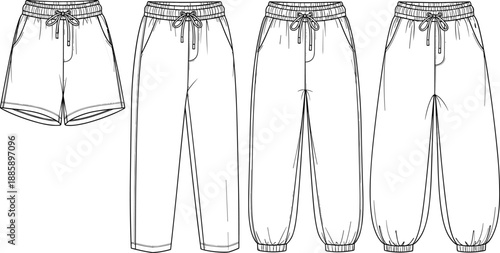 Casual shorts and pants set, elastic waist trousers collection, line art fashion vector, clothing technical drawing, isolated white, cad illustration