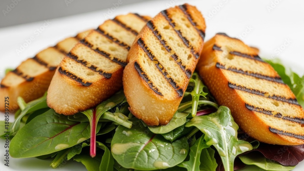 Fototapeta premium Grilled Bread Slices on Fresh Green Salad with Dressing