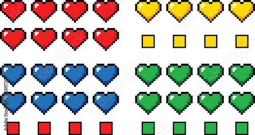 Pixel heart icons set, colorful 8 bit hearts collection, retro game UI elements, pixel art vector, isolated on white, cad illustration
