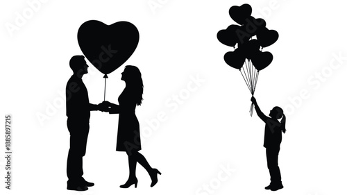Couple with heart balloon and child a romantic scene silhouette