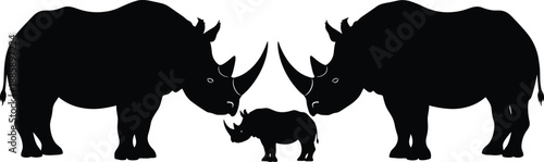 Rhinoceros family silhouettes, black rhino parents and calf, wildlife animal vector, isolated on white background, cad drawing style, flat illustration